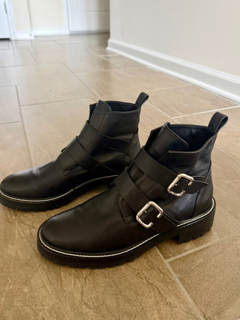 EUC Freda Salvador Athena Harness Moto Boot Black Calf Leather Size 8 US